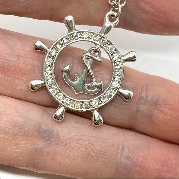 Nautical Anchor Silvertone with Rhinestones Necklace - Picture 5 of 7